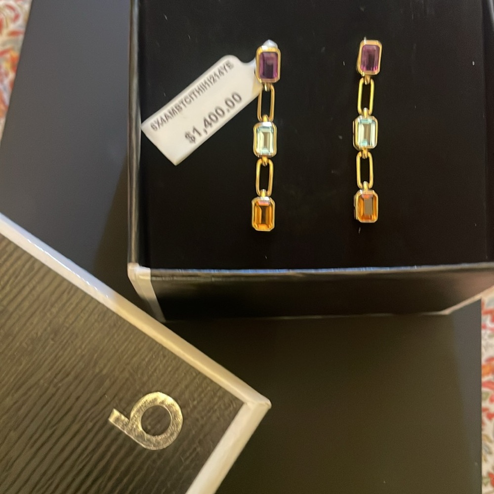 🤩 Multi Gemstone Paperclip Link Drop Earrings in REAL 14K  Gold. 3.62 g tcw